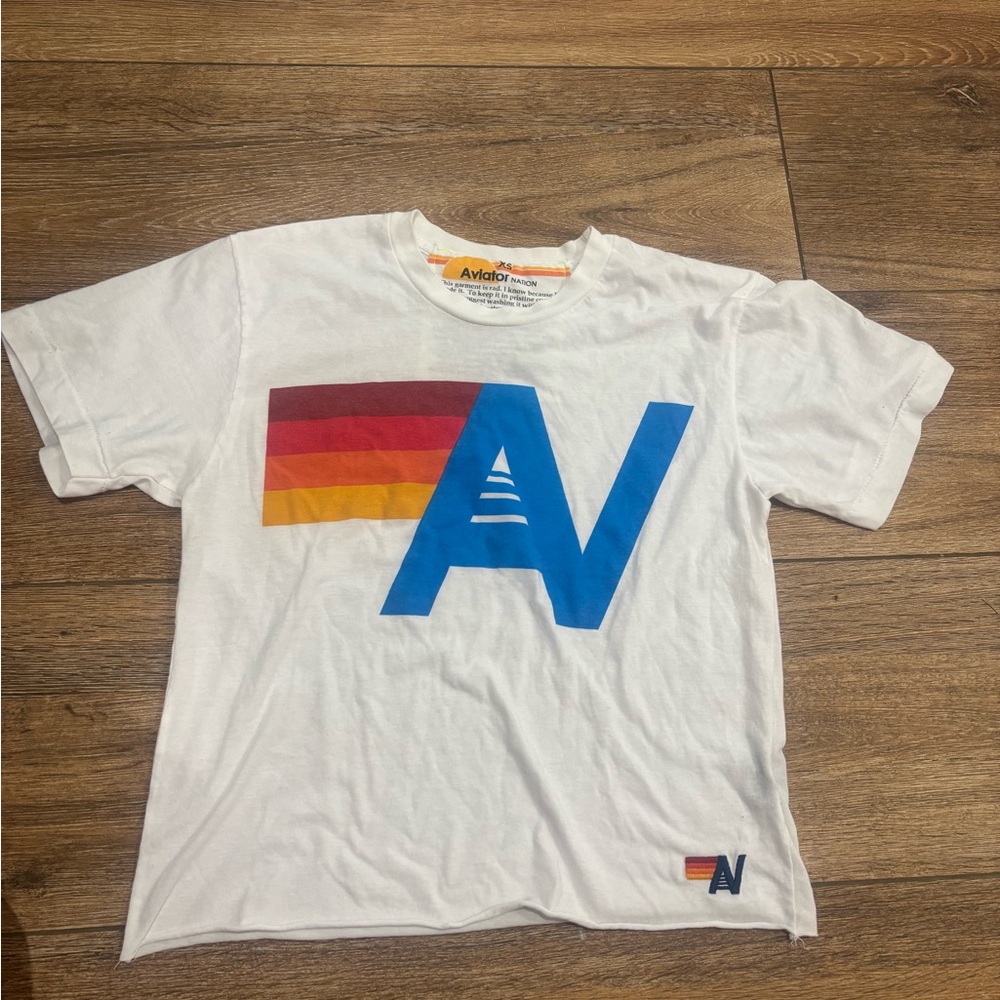 Aviator Nation White Tee with Orange and Yellow Logo